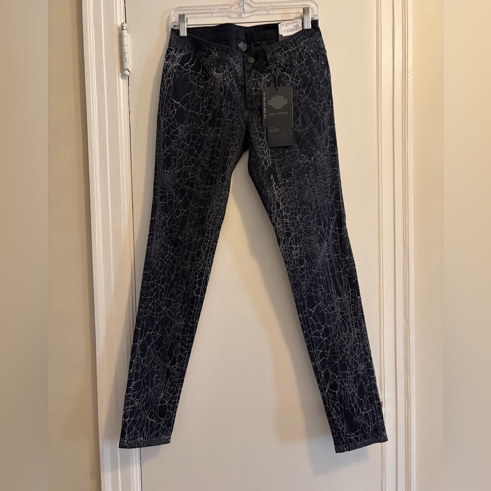 Harley Davidson Black Crackle Print Mid Rise Skinny Jean NWT Size 26